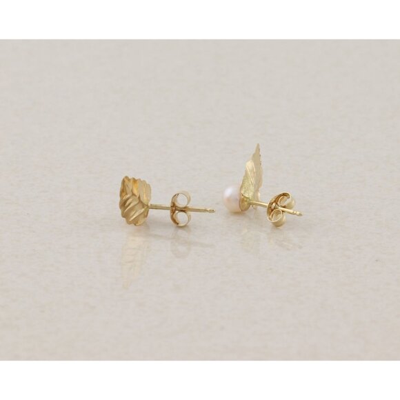 14k Yellow Gold Freshwater Seed Pearl Leaf Earrings Stud Post 3/8" x 1/4" - Picture 5 of 9